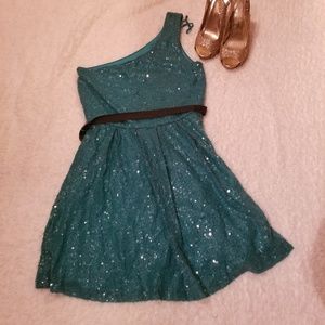 Emerald green sequin one shoulder dress